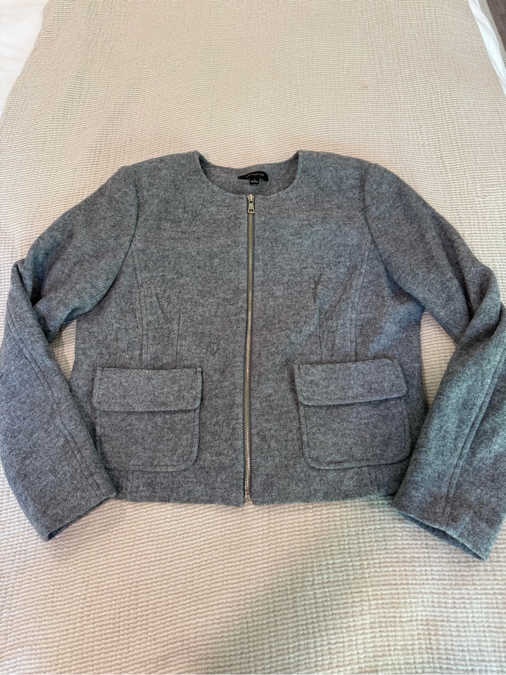 Ann Taylor Gray Collarless Zip-Front Wool Jacket